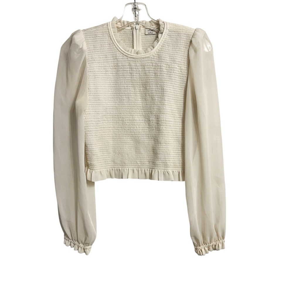 Wilfred Cream Smocked Blouse with Sheer Long Sleeves & Ruffle Hem - Size M